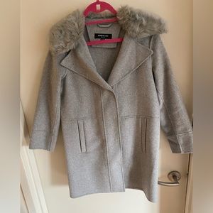 Kenneth Cole Removable Faux-Fur-Collar Single-Breasted Gray Wool Blend